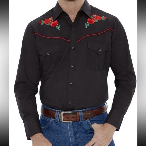 Ely Cattleman Other - Ely Cattleman Shirt Pearl Snap Mens Sz S Rockabilly Rose Embroidery Yoke NWT